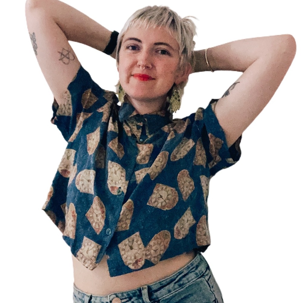 Crop Top Button Up Shirt With Clock Pattern - Vin… - image 2